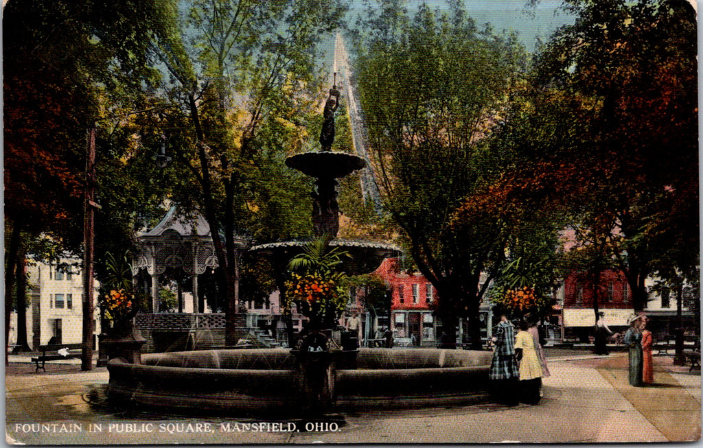 OH, Mansfield - Fountain in public square, band stand, people etc postcard - E23