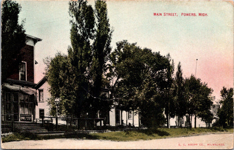 MI, Powers - Main St with Store building, Owl Cigar sign - 1912 postcard - E2360