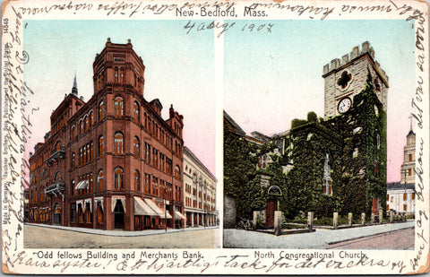 MA, NEW BEDFORD - Odd Fellows and Merchants Bank bldgs postcard - EP0145