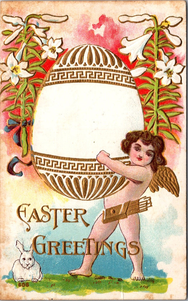 Easter - Angel child wearing gold, holding up a large egg postcard - F03098