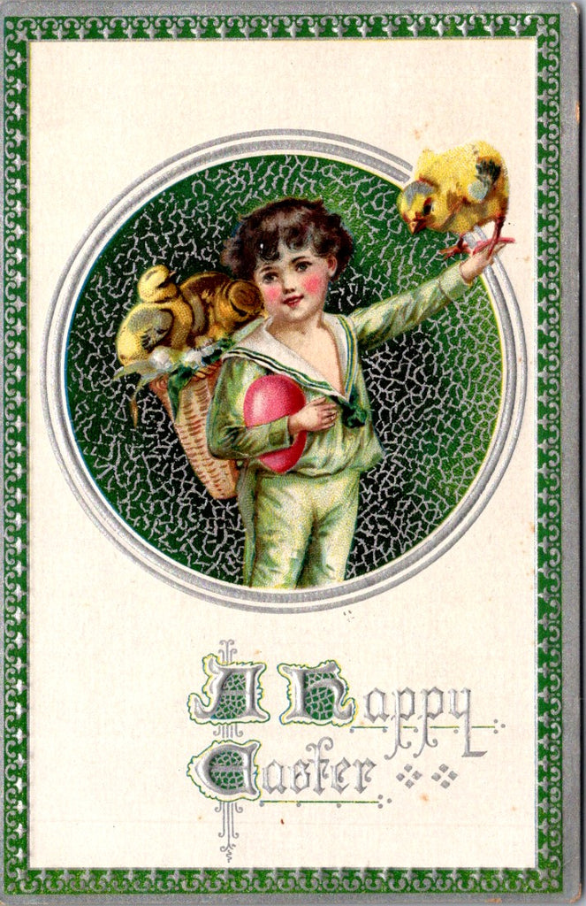 Easter - cute boy in green sailor suit holding chicks postcard - F03007
