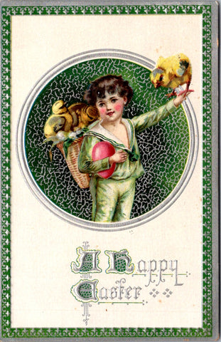 Easter - cute boy in green sailor suit holding chicks postcard - F03007