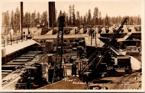 CA, Westwood - lumber yard, machinery, train engine etc - RPPC - F23033