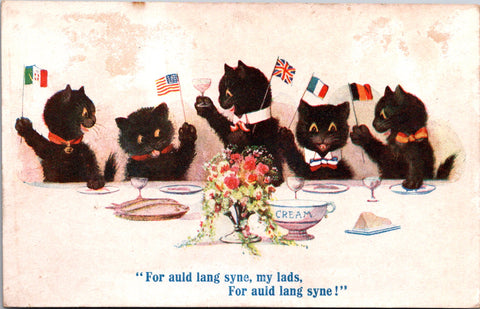 Animal - Cat or Cats postcard - Anthropomorphic - waving flags at table - F23055