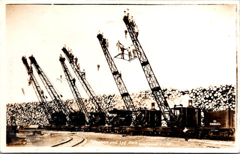 CA, Westwood - Cranes and Log Decks close up with men all up on them - rppc - F23064