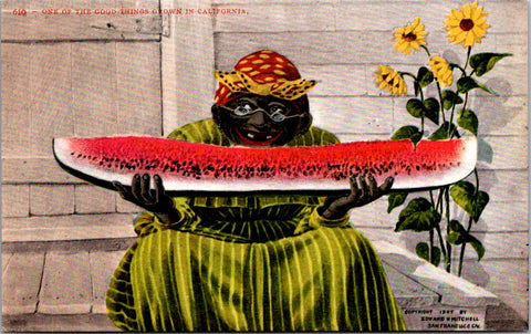 Black Americana - African American - Lady with large piece of watermelon postcard - F23105