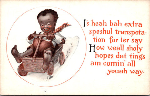 Black Americana - African American - Boy riding a wooden cart postcard - F23108