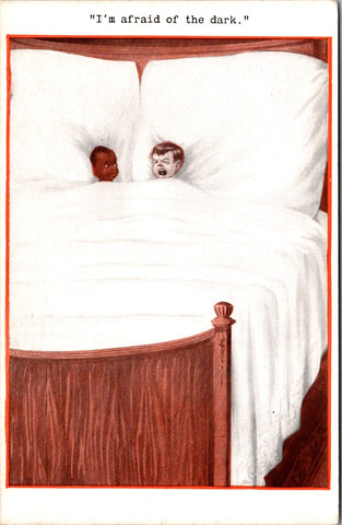 Black Americana - African American - kids in big bed (one black, one white) postcard - F23113