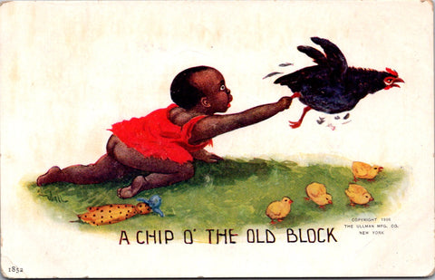 Black Americana - African American - boy with no pants grabbing a hen postcard - F23114