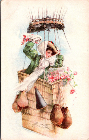 Greetings - Misc -  pretty lady in hot air balloon postcard - F23127