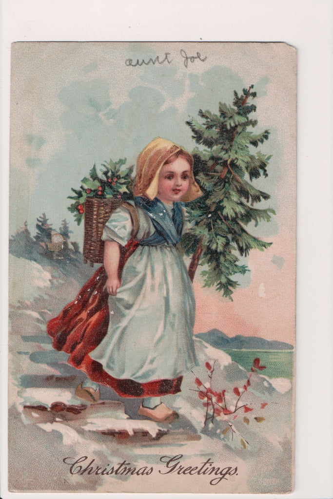 Xmas - Christmas Greetings - Dutch girl in wooden shoes, carrying tree and green