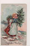 Xmas - Christmas Greetings - Dutch girl in wooden shoes, carrying tree and green