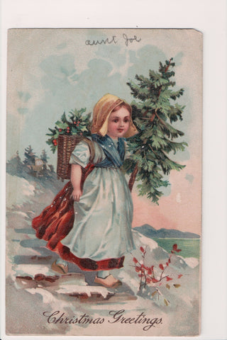 Xmas - Christmas Greetings - Dutch girl in wooden shoes, carrying tree and green