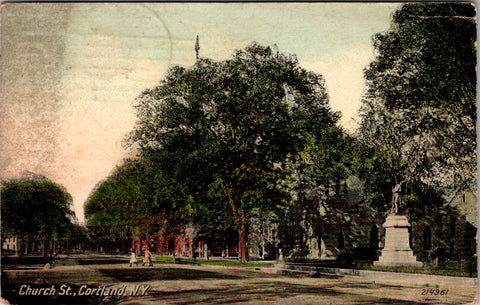 NY, CORTLAND - Church St, monument, people - 1913 postcard - G03025