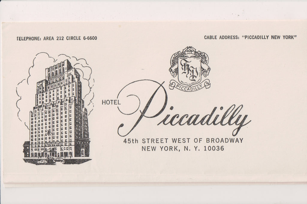 NY, NEW YORK - Hotel Piccadilly letterhead, envelope, Monthly Guide - G17102