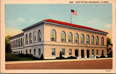 IL, WAUKEGAN - Post Office, PO closeup linen postcard - GR0140
