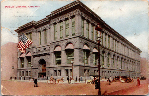 IL, CHICAGO - Public Library, street traffic, US flag on building postcard - I04