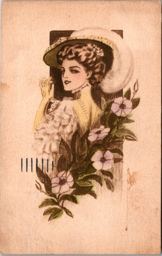 People - Female postcard - Young lady looking back - sepia tone - J04090