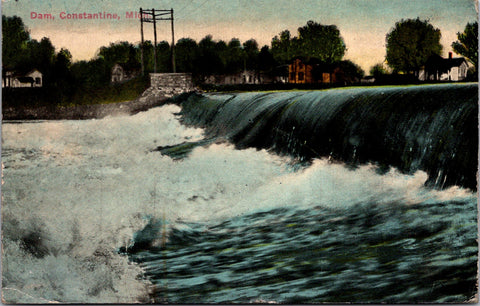 MI, Constantine - water running over dam - 1916 postcard - K03191