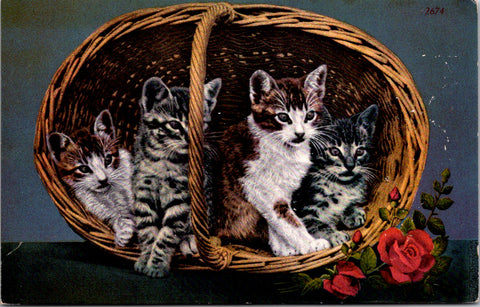Animal - Cat or Cats postcard - Kittens in a basket - Edw H Mitchell - K04209