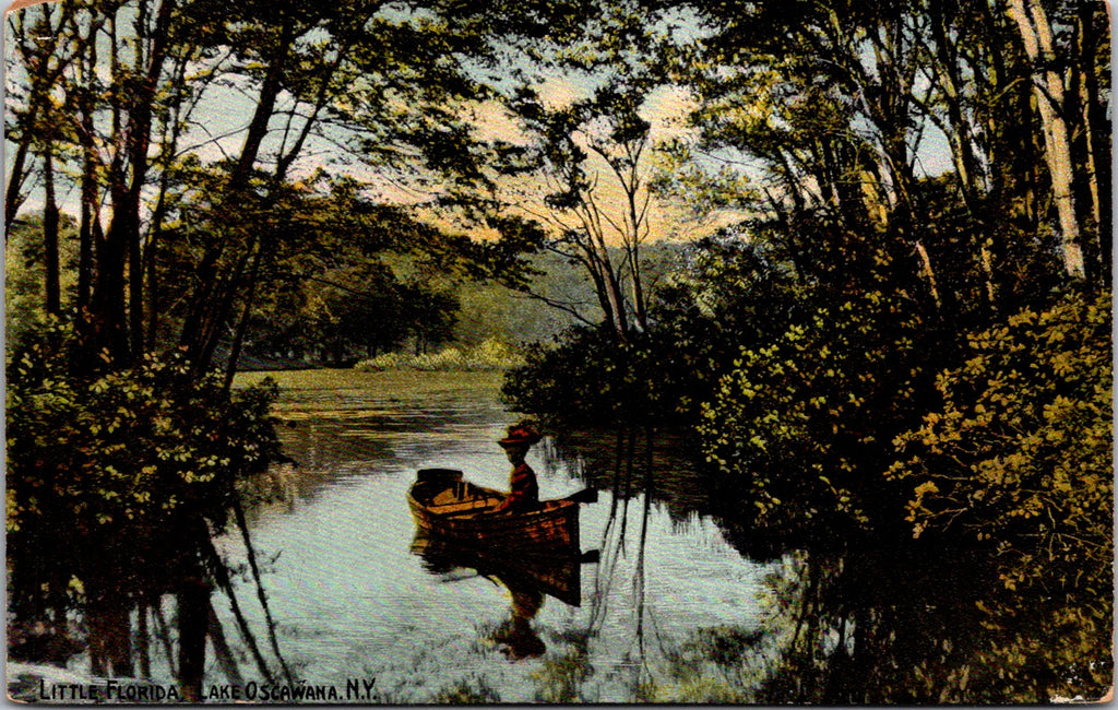 NY, LAKE OSCAWANA - Little Florida Lake, lady in small boat postcard - NL0292
