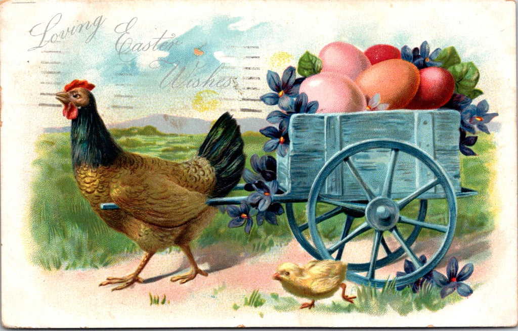 Easter - Anthropomorphic hen pulling a cart of eggs - Tuck postcard - NL0567