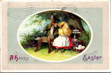 Easter - Anthropomorphic dressed rabbit sitting with dressed bird postcard - NL0569