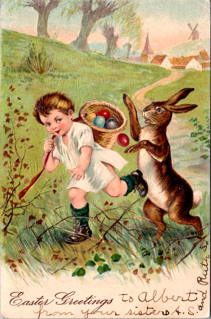 Easter - Anthropomorphic rabbit on 2 legs running with a boy postcard - NL0571
