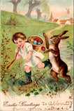 Easter - Anthropomorphic rabbit on 2 legs running with a boy postcard - NL0571