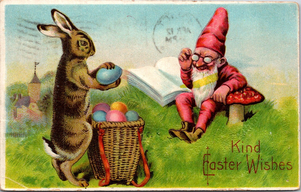 Easter - Anthropomorphic Rabbit, old man gnome near mushroom postcard - NL0572