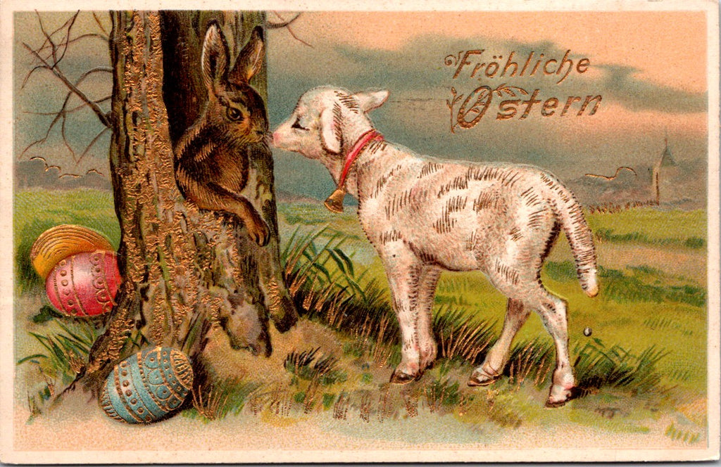Easter - Anthropomorphic rabbit in tree with lamb kissing her postcard - NL0577
