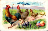 Easter - Anthropomorphic rooster, hen with umbrella strutting - Tuck postcard -