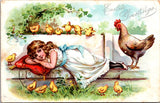 Easter - Girl laying down, hen and a bunch of chicks around her postcard - NL0580