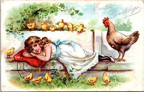 Easter - Girl laying down, hen and a bunch of chicks around her postcard - NL0580