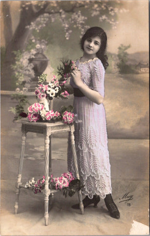 People - Girl - young lady in light purple dress, holding flowers RPPC - NL0892