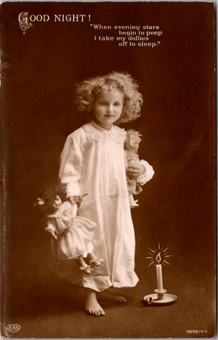 People - Girl - in night wear holding 2 dolls next to a candle RPPC - NL0893