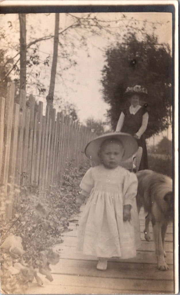 People - Child - Young girl walking, mom with stroller behind, dog on side RPPC - NL0900