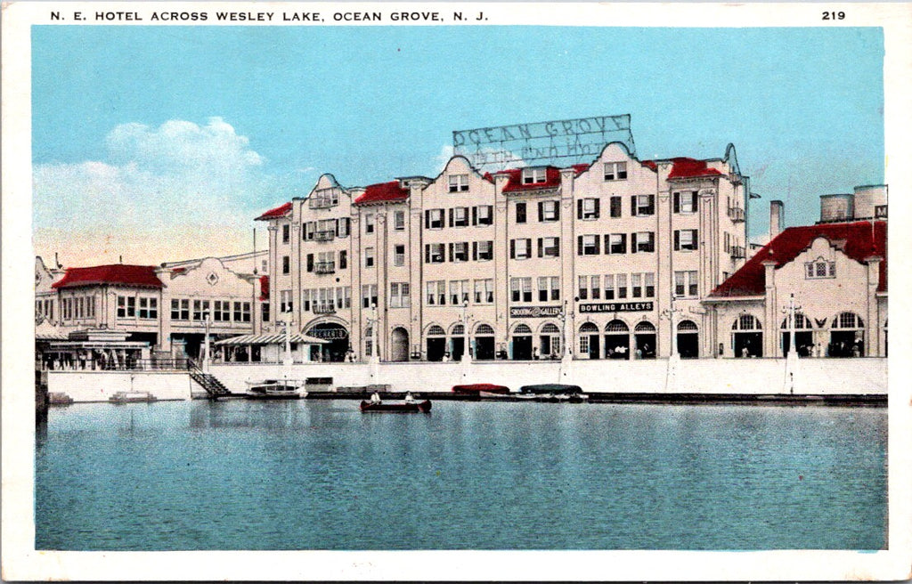 NJ, OCEAN GROVE - N E Hotel across Wesley Lake, bowling alley, shooting gallery