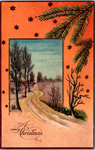 Xmas - A Merry Christmas - pine needles and stars on orange background postcard