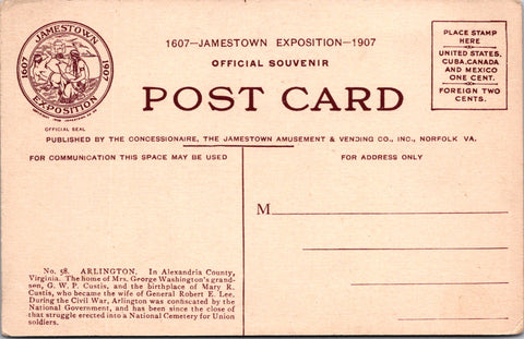 VA, Jamestown - Exposition 1907 - Arlington #58 postcard - SL2286
