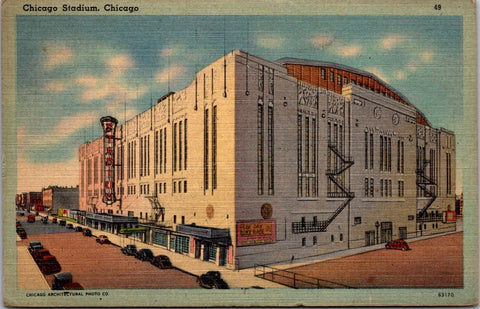 IL, CHICAGO - Stadium, sign for 6 day Bike Race on building postcard