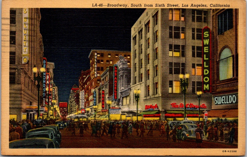 CA, LOS ANGELES - Broadway from 6th - signs on linen postcard - SL2542