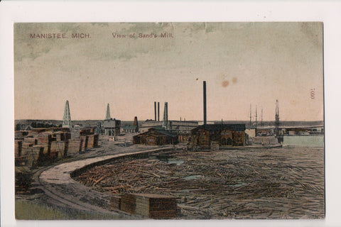 MI, Manistee - Sand's Mill view, logs floating, lumber stacked postcard - SL2679