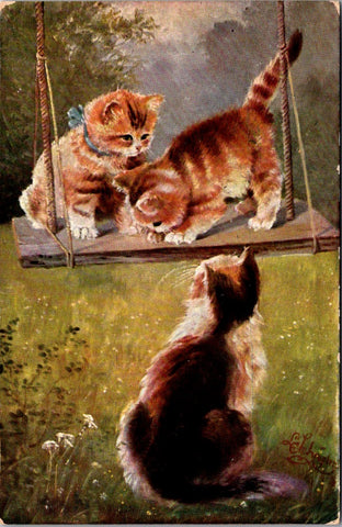 Animal - Cat or Cats postcard - orange kittens on a wooden swing - SL2767