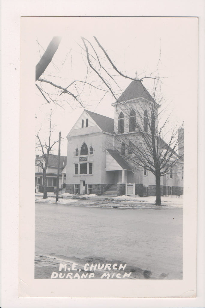 MI, DURAND- M E Church - Methodist sign - RPPC postcard - SL3087