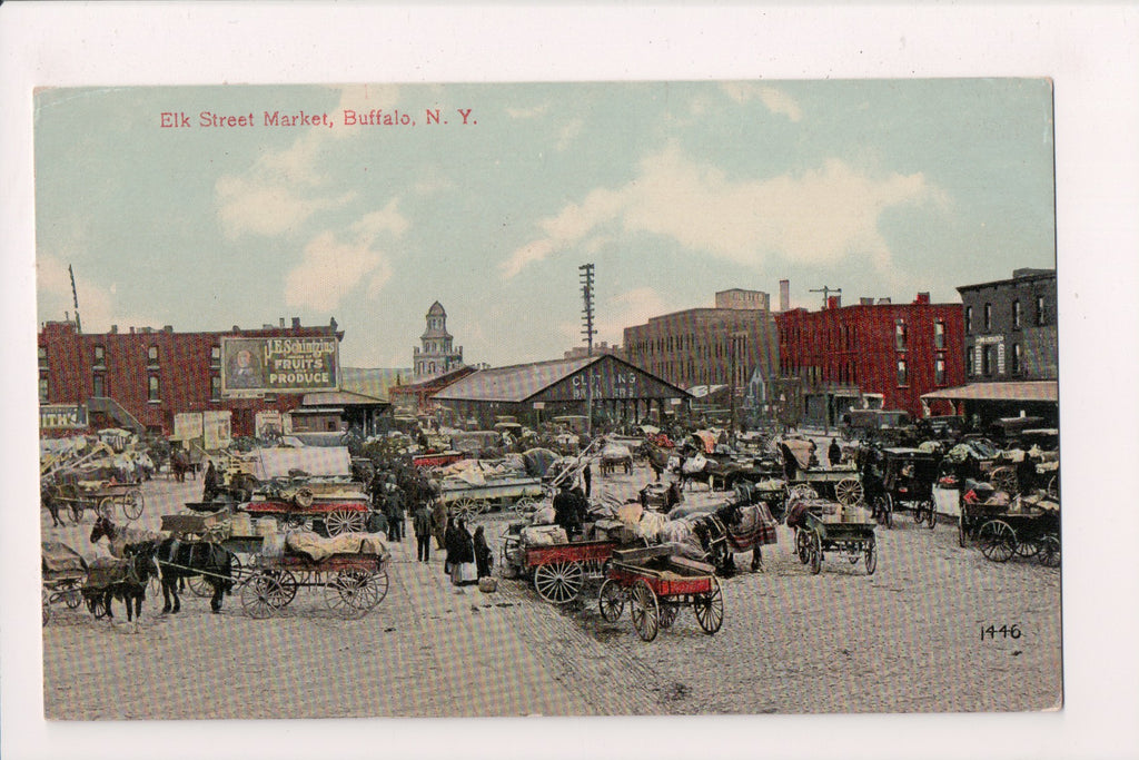 NY, BUFFALO - Elk St Market, Schintzius sign, wagons, people postcard - SW0248