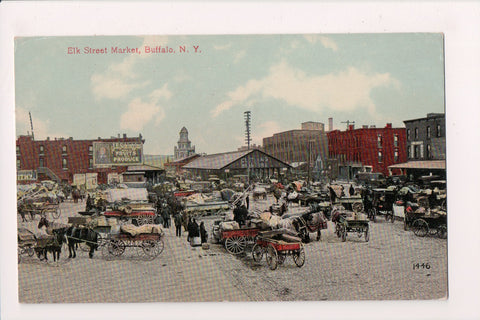 NY, BUFFALO - Elk St Market, Schintzius sign, wagons, people postcard - SW0248