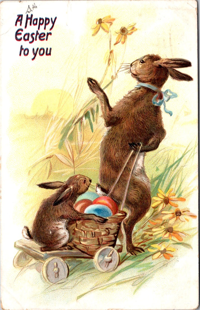 Easter - Anthropomorphic rabbit pulling cart with bunny and eggs - Tuck postcard - T00278