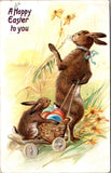 Easter - Anthropomorphic rabbit pulling cart with bunny and eggs - Tuck postcard - T00278