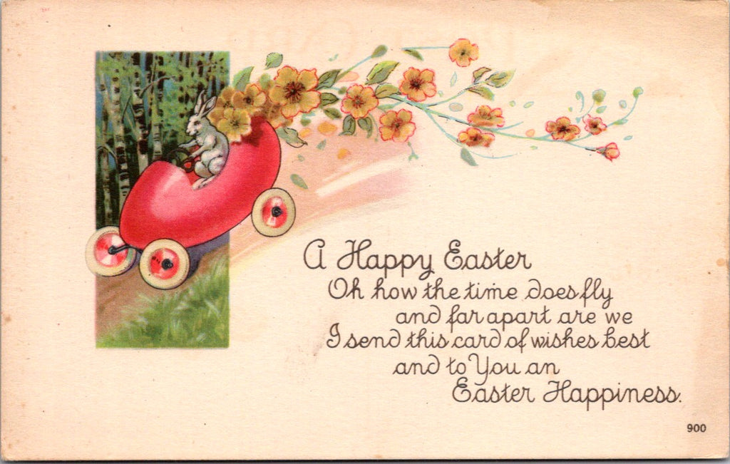 Easter - Anthropomorphic small rabbit driving a pink egg car postcard - W00157